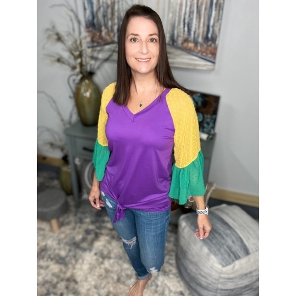 Mardi Gras Color Block Swiss Dot Flutter Bell Sleeves V Neck Tie Bottom 0724 - Picture 4 of 17